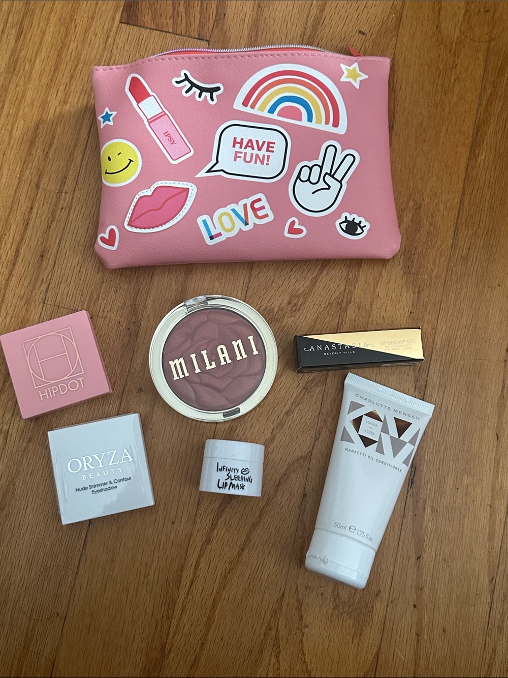 Cute makeup pouch filled with various beauty products